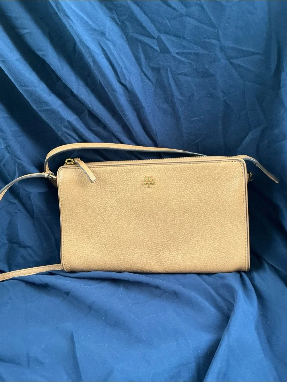 Tory Burch Beige/Tan Pebbled Leather Crossbody with Gold Logo